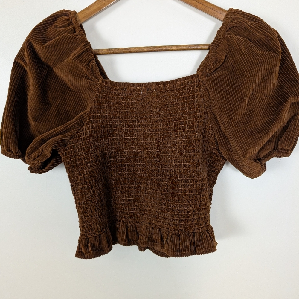 American Eagle Burnt Brown Corduroy Smocked Cropped Puff Sleeves Blouse - Picture 7 of 8